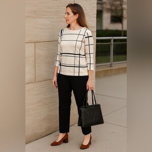 Chicos 3/4 Sleeve Plaid Stripe Boat Neck Top